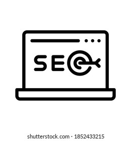 SEO, search engine optimization with target on laptop display. Line vector. Isolate on white background.