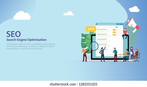 seo search engine optimization team working together on website design landing page ui - vector illustration