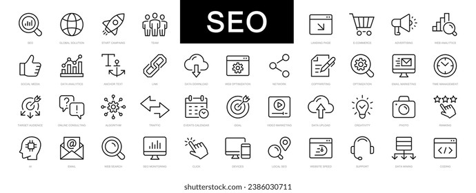 SEO - Search Engine Optimization thin line icons set. SEO icon collection. Web Development and Optimization icons. Search symbol. Editable stroke icons. Vector