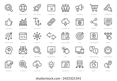 SEO - Conjunto de iconos de línea delgada de optimización de motores de búsqueda. Colección de iconos SEO. Iconos de desarrollo web y optimización. Símbolo de búsqueda Iconos de trazo editables. Vector