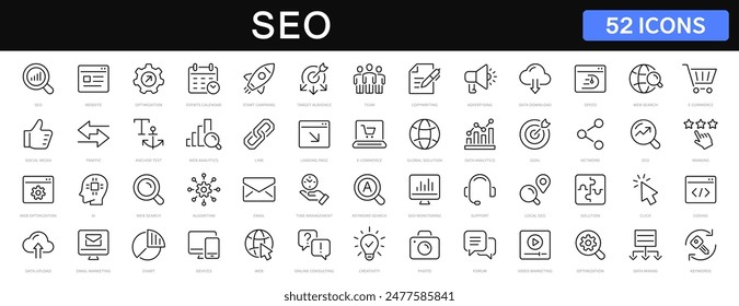 SEO - search engine optimization thin line icons set. seo icon collection. Search optimization symbol. Editable stroke icons. Vector illustration