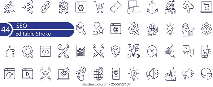 SEO - search engine optimization thin line icons set. seo icon collection. Search optimization symbol. Editable stroke icons