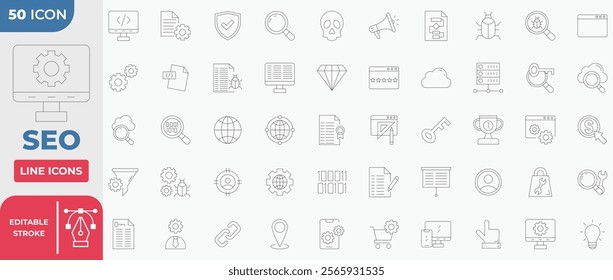 SEO - search engine optimization thin line icons set. seo icon collection. Search optimization symbol. Editable stroke line. Vector illustration.