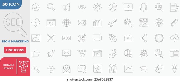 SEO - search engine optimization thin line icons set. seo icon collection. Editable Stroke Line. Vector illustration.