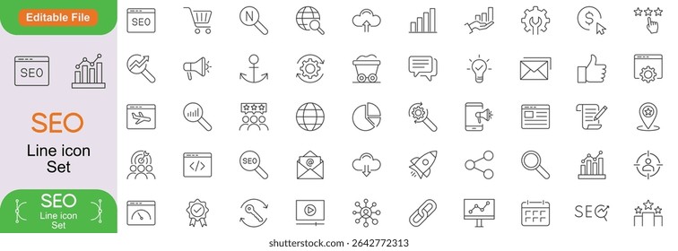 SEO - search engine optimization thin line icons set. seo icon collection. Search optimization symbol. Editable stroke icons. Vector illustration