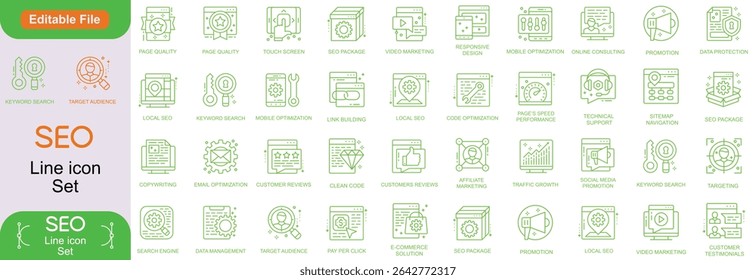 SEO - otimização do motor de busca conjunto de ícones de linha fina. coleção de ícones seo. Símbolo de otimização de pesquisa. Ícones de traçado editáveis. Ilustração vetorial