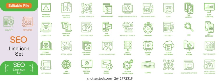 SEO - otimização do motor de busca conjunto de ícones de linha fina. coleção de ícones seo. Símbolo de otimização de pesquisa. Ícones de traçado editáveis. Ilustração vetorial