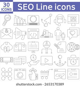 SEO - otimização do motor de busca conjunto de ícones de linha fina. coleção de ícones seo. Símbolo de otimização de pesquisa.