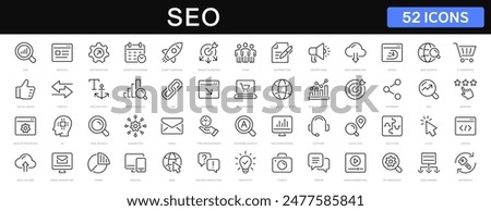 SEO - search engine optimization thin line icons set. seo icon collection. Search optimization symbol. Editable stroke icons. Vector illustration