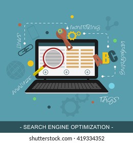 SEO (Search engine optimization) vector concept illustration/notebook, magnifier, letters and icons.