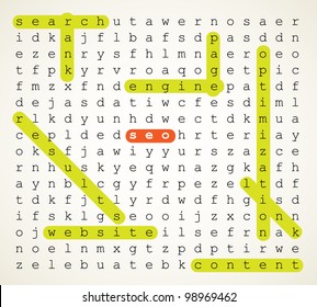 SEO - Search Engine Optimization vector background illustration as word search puzzle with highlighted keywords