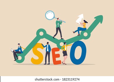 SEO, Search Engine Optimization für Website zu zeigen, in der Suchergebnis-Seite Konzept, professionelle Menschen, die Lupe, Maus-Cursor oder mit Laptop-Sit auf Analytics-Graphen auf dem Wort SEO.