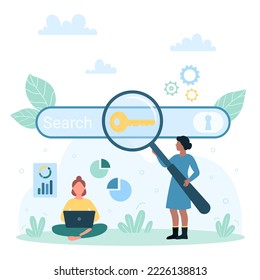 SEO, Search Engine Optimization für Website-Inhalt Vektorgrafik. Cartoon winzige Menschen, die durch Vergrößerungsglas in der Browser-Suchleiste schauen, mit Laptop auf Keywords-Analyse