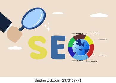 SEO, Search Engine Optimization for website to be displayed in search results page concept, big hand of professional businessman holding an analytical magnifying glass on the word SEO.