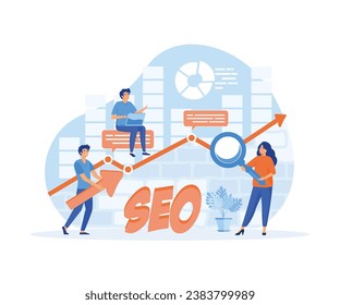 SEO, Search Engine Optimization für Website zu zeigen in der Suche Ergebnis Seite Konzept, professionelle Menschen, die Lupe halten. flache Vektorgrafik, moderne Illustration