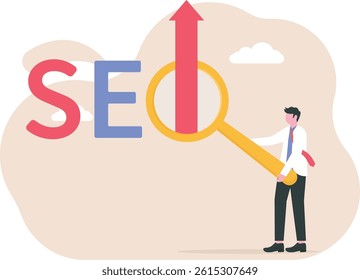 SEO Search Engine Optimization, website search result, advertising or marketing to boost web ranking or user discovery concept, businessman hold magnifying glass on SEO rising arrow search box.

