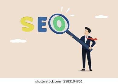 SEO, Search Engine Optimization for websites to be featured in search results page concept, professional businessman holding analytical magnifying glass on the word SEO.