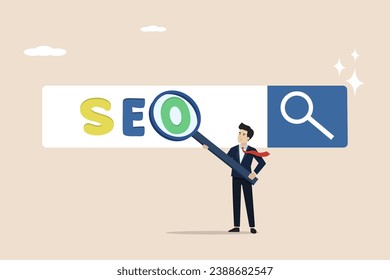 SEO, Search Engine Optimization for websites to be featured in search results page concept, professional businessman holding analytical magnifying glass on the word SEO.