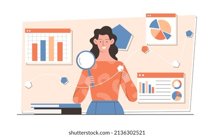 SEO or search engine optimization. Woman with magnifying glass analyzes business data. Employee studies statistics or information in storage. Marketing and promotion. Cartoon flat vector illustration