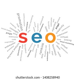 SEO, Search engine optimization word concept on tag cloud background. Flat style use for modern design.