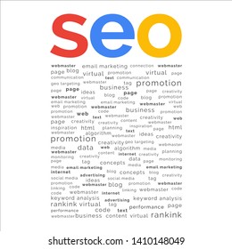 SEO, Search engine optimization word with tag element design. Clean and flat style.