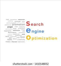 SEO, Search engine optimization word with tag element design. Clean and flat style.