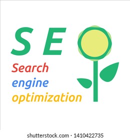SEO, Search engine optimization word with bloom flower. Clean and flat design.