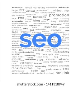 SEO, Search engine optimization word with tag keyword idea. Clean and flat style.