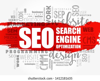 SEO (Search Engine Optimization) word cloud collage, technology concept background