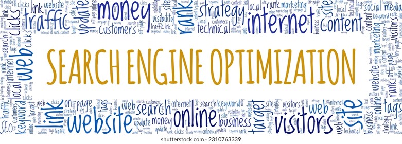 SEO - Suchmaschinenoptimierung Wort Cloud konzeptuelles Design einzeln auf weißem Hintergrund.