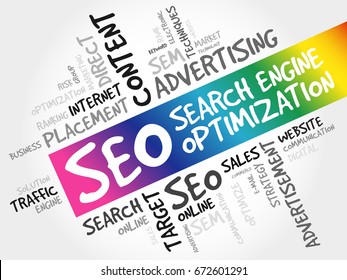 SEO (search engine optimization) word cloud collage, technology business concept background