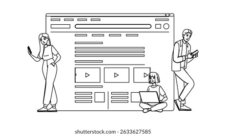 seo search engine result page vector. web website, browser google, optimization marketing seo search engine result page character. people black line pencil drawing illustration