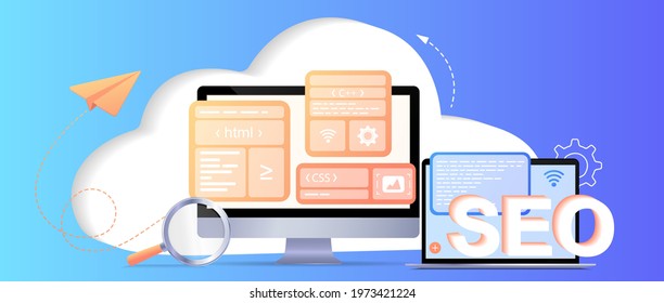 SEO. Search engines optimization landing page. Website page development. Template landing page for website. Web development, optimization, user experience. Website layout elements, photo. Web