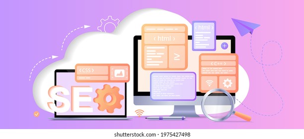 SEO. Search engines optimization landing page. Website page development. Template landing page for website. Web development, optimization, user experience. Website layout elements, photo. Web