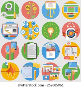 Seo search results optimization service and website content editing flat round  pictograms collection abstract isolated vector illustration