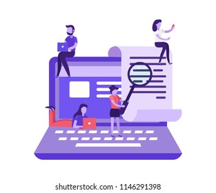 Buscar texto concepto. Buscar documento en Web en el equipo. Compruebe la palabra clave en el texto.  Pago electrónico, pruebas de notificación de pago. Gente buscando información en internet. Ilustración vectorial plana