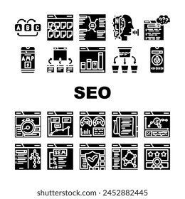 seo search website web internet icons set vector. digital optimization, marketing strategy, data traffic, business computer, analysis seo search website web internet glyph pictogram Illustrations