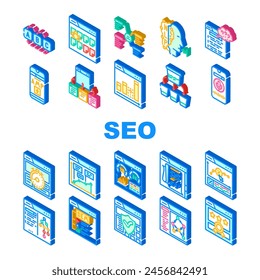 seo search website web internet icons set vector. digital optimization, marketing strategy, data traffic, business computer, analysis seo search website web internet isometric sign illustrations