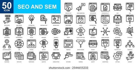 Conjunto de coleção de ícones SEO e SEM. Internet, marketing, marketing digital, navegador web, computação em nuvem, web design, ícone digital. Vetor de linha simples.