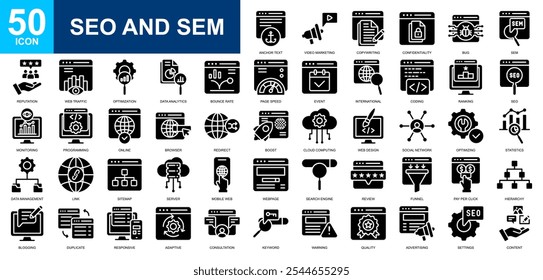 Conjunto de coleção de ícones SEO e SEM. Internet, marketing, marketing digital, navegador web, computação em nuvem, web design, ícone digital. Vetor de cor de linha simples.