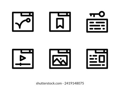 SEO- und SEM-Icon-Set inklusive Bounce Rate, Bookmark, Keyword, Video, Bild und Artikel.