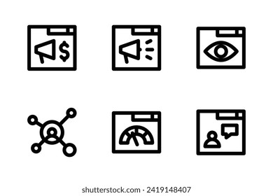 SEO- und SEM-Icon-Set inklusive SEO-Budget, Anzeigen, Seitenansicht, Social Network, Geschwindigkeit und Feedback.