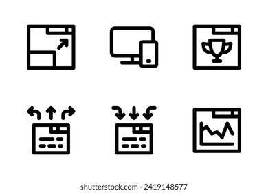 SEO- und SEM-Icon-Set, einschließlich reaktionsfähiges Design, adaptives Design, Ranking, SEO-Seite, SEO-Off-Page SEO und Analytics.