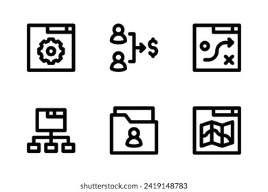 SEO- und SEM-Icon-Set inklusive Optimierung von Website, Konvertierung, Strategie, Sitemap, Benutzerdaten und SEO-Bereich.