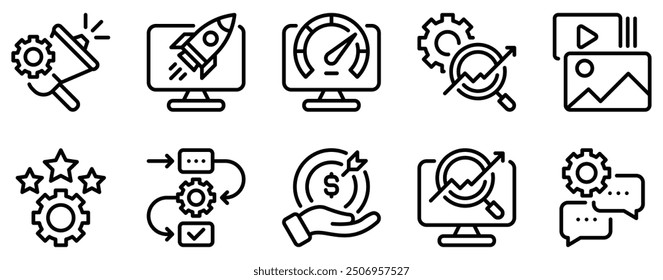 SEO and SEM Icon Set Strategic Line Style Collection for Digital Marketing