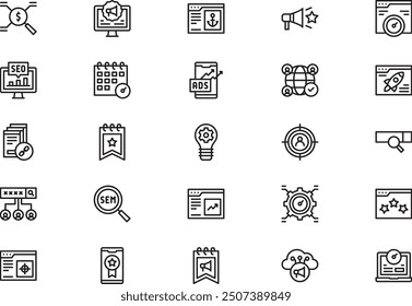 La colección de iconos Seo y sem es una Ilustración vectorial con trazo editable.