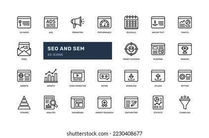 seo and sem internet blogging marketing advertising detailed outline icon set. simple vector illustration