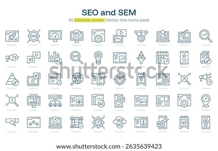 SEO and SEM line icon pack. SEO and SEM Stroke icon set. Editable Stroke icon