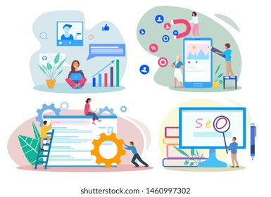 SEO SEM SMM SMO concepts. People using devices for advertising and optimizing websites and social network profiles. Using devices for increasing traffic. Flat modern vector illustration