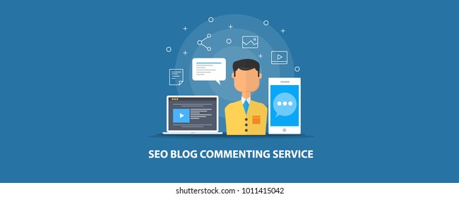 Seo service, Blog commenting, Seo marketing strategy flat vector illustration with icons